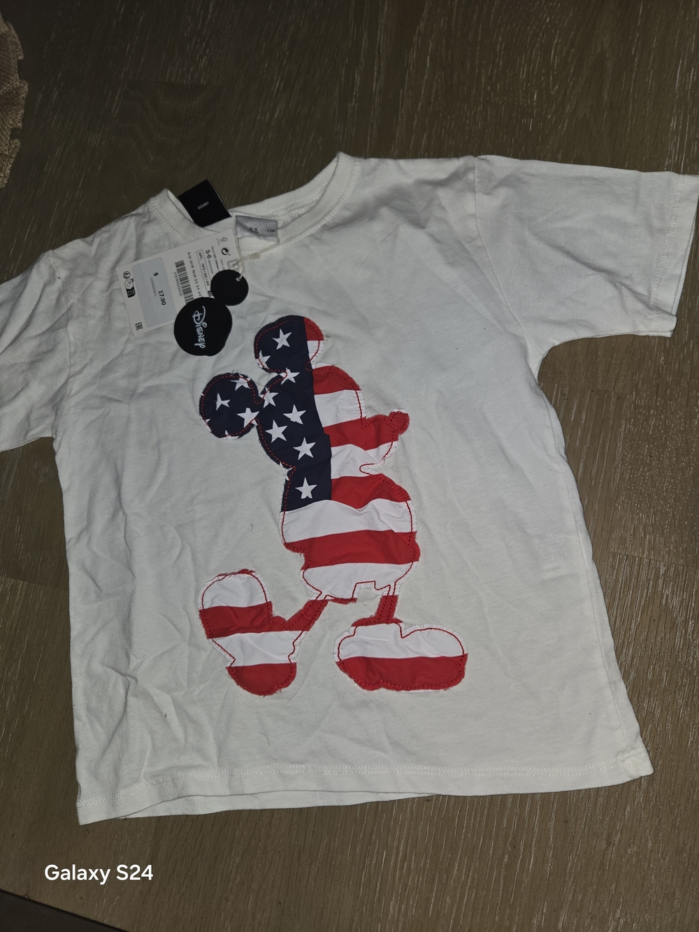 Disney White Tee with Red & Blue American Flag Mickey Graphic Zara Sz 5-6 New